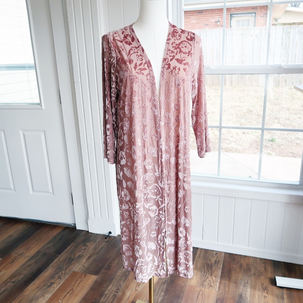 Forever 21 Women‎ Kimono S Pink Burnout Velvet Floral Sheer Mesh Cardigan Boho